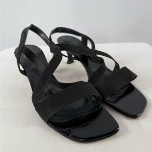 Stuart Weitzman Square‎ Toe Kitten Heel Strappy Sandal in Black Size 9.5